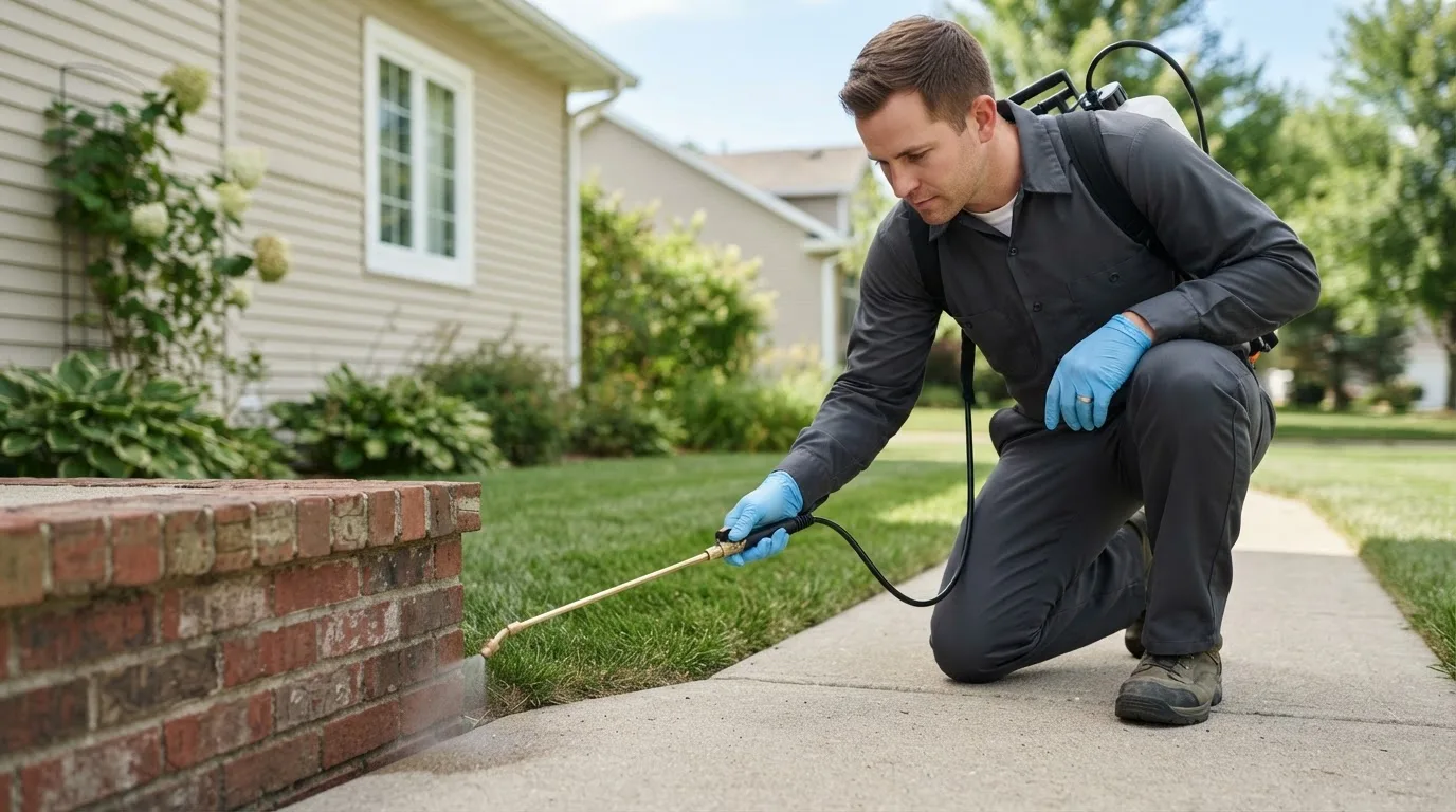 Pest control technician treating a home near North Creek, NY